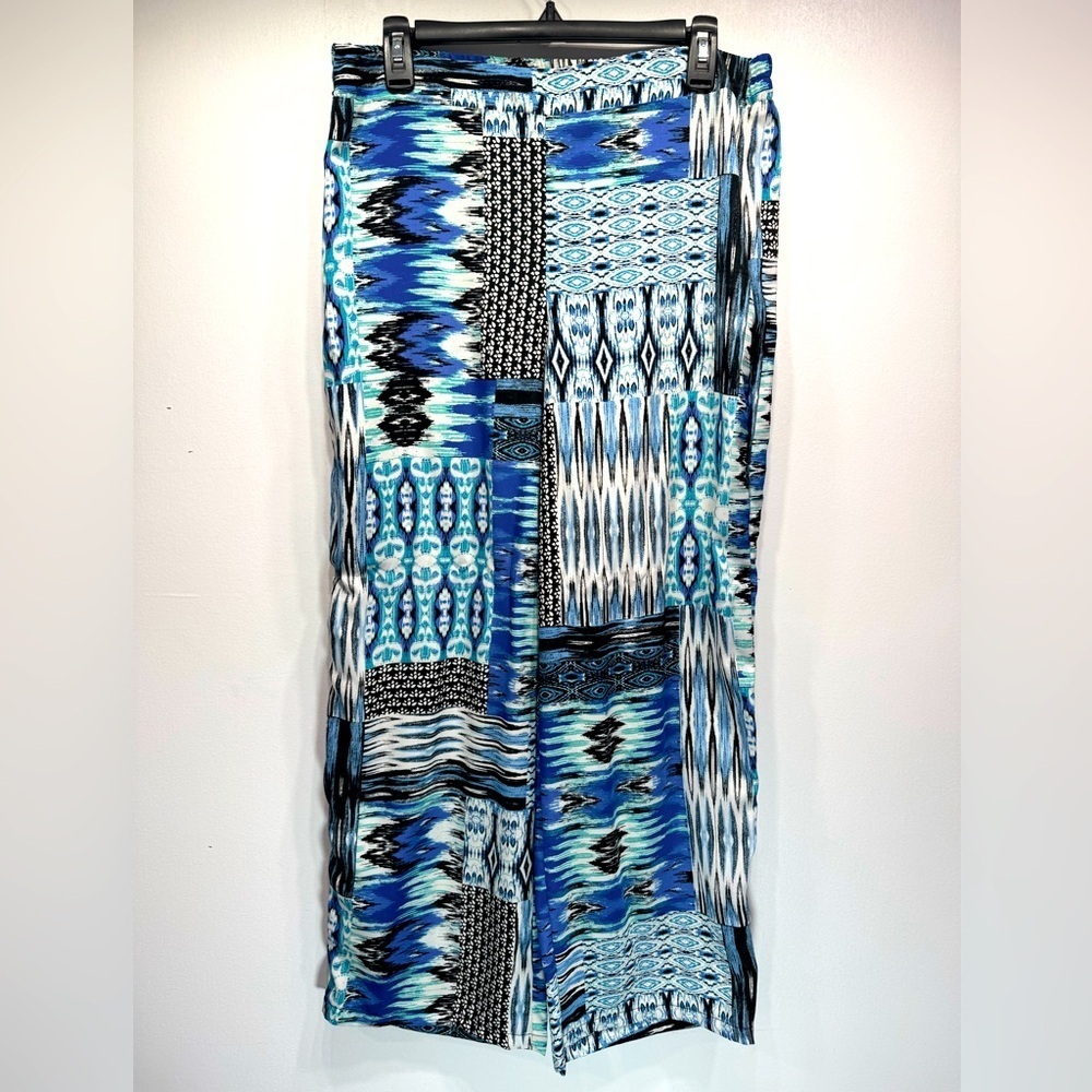 Turquoise Blue Patchwork Print Wide Leg Ankle Length Palazzo Pants Lightweight